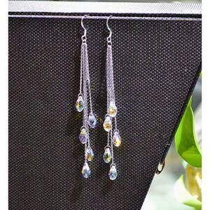 Long Silver Strands Aurora Crystal Raindrop Earrings 3.94" L